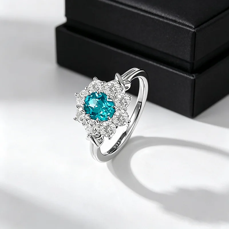 S925 Sterling Silver Ring 5*6mm Oval Lab‑Created Paraiba Gemstone Halo Surround Side Stones Twisted Shank Band Fine Jewelry