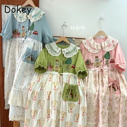Japanese Mori Girl Patchwork Cotton Linen Dress Women Sweet Vintage Flower Lace-up Loose Sundress Casual Ruffled Pullover Dress