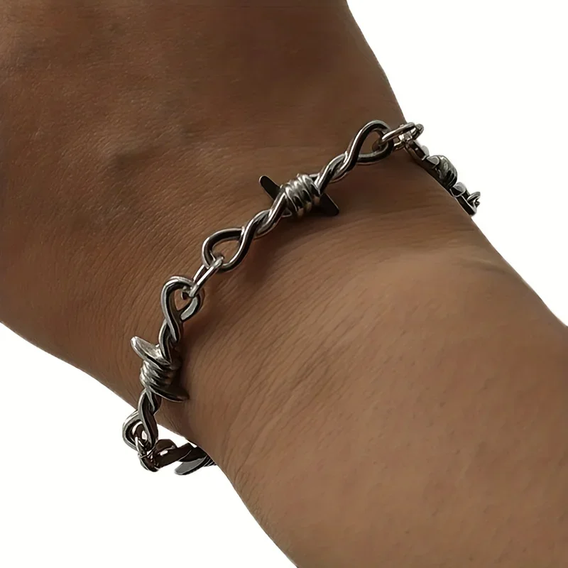 Hip-Hop Gothic Bracelet Barbed Wire Chain Bracelets for Men Women Cuban Link Chains Bracelet Adjustable Punk Emo Style Jewelry