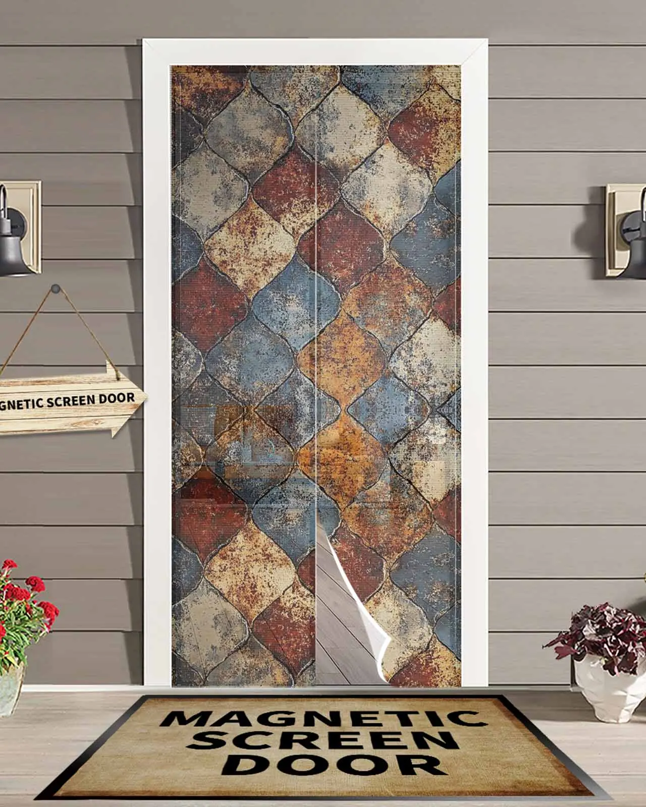 

Vintage Mosaic Rust Mottled Magnetic Door Curtain Living Room Bedroom Home Anti-mosquito Screen Door Curtain