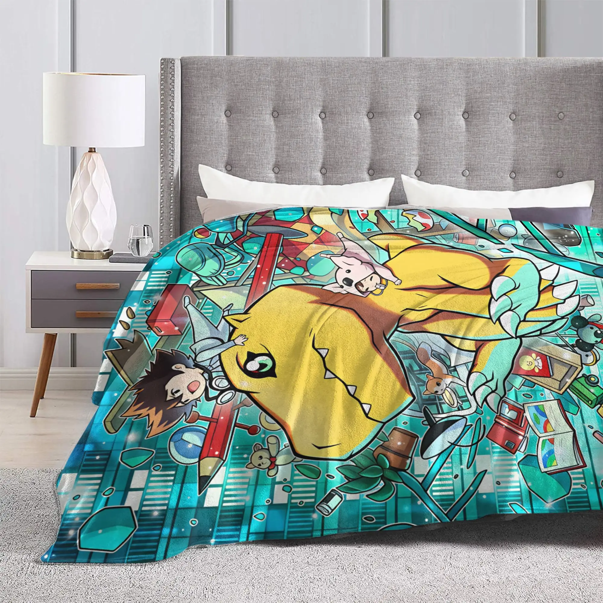 Digimon Anime Collage Plush Blanket Students Flannel Throw Blanket For Outdoor Super Soft Custom DIY Quality Bedspread Gift Idea