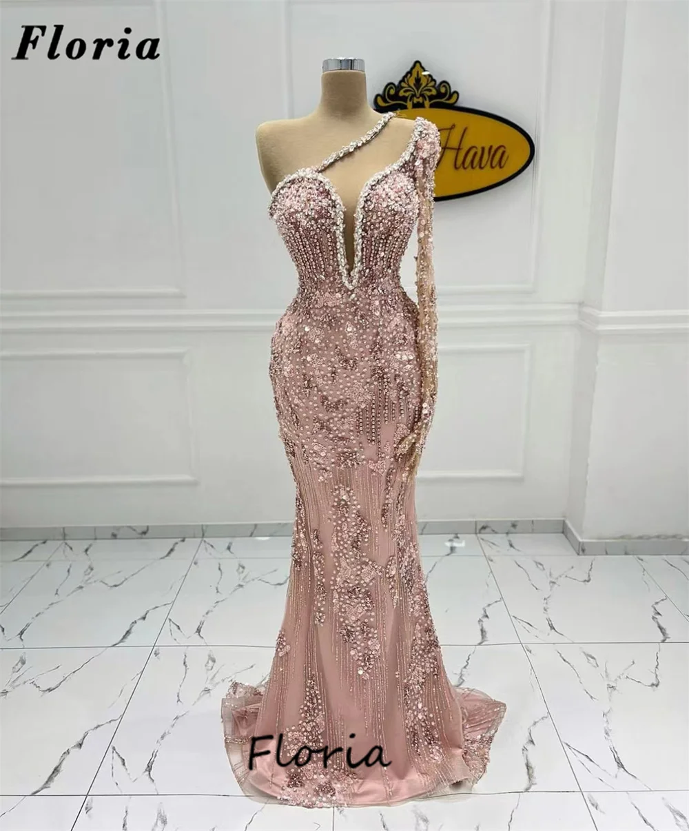 

Arabic Aso Ebi Beading Prom Dresses One Shoulder Women Special Occasion Dress Elegant Crystals Evening Party Dress For Weddings