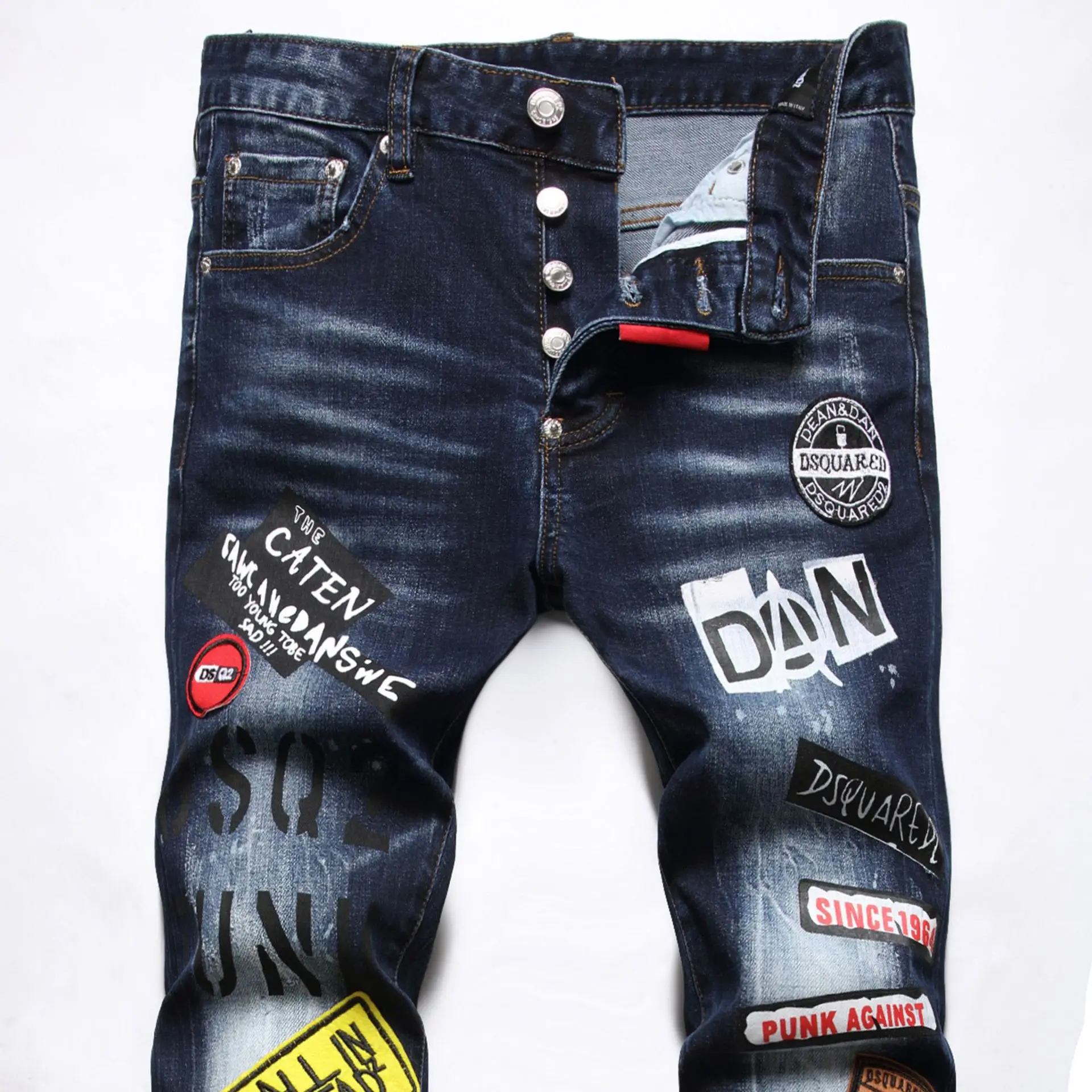 2023 new raggedy paint men slim fit holes piedi piccoli jeans elastici high-end uomo quattro stagioni stretto mendicante marea jeans pantaloni uomo