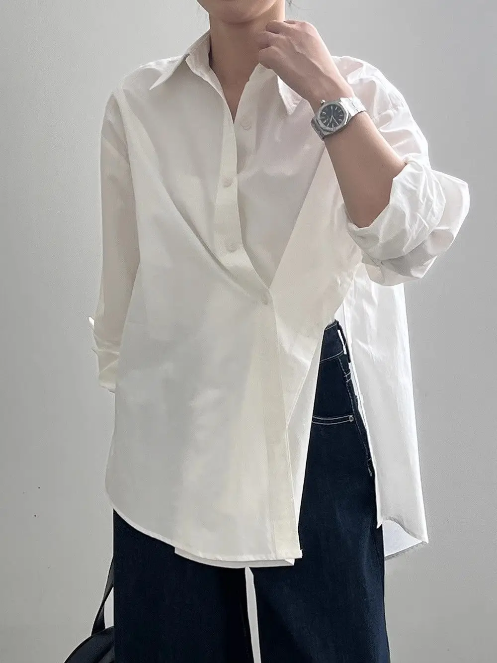 

Vintage Loose Slit Shirt Women Streetwear Long Sleeve Design Y2K Blouse American Retro Casual Female Spring Harajuku White Tops