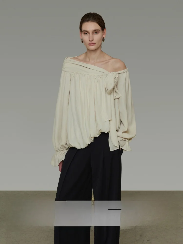 

Unspoken Irregular Shoulder Women's Shirt Spring 2026 New Design Sense Belted Shoulder Bared Top Long Sleeve Polyester Fiber