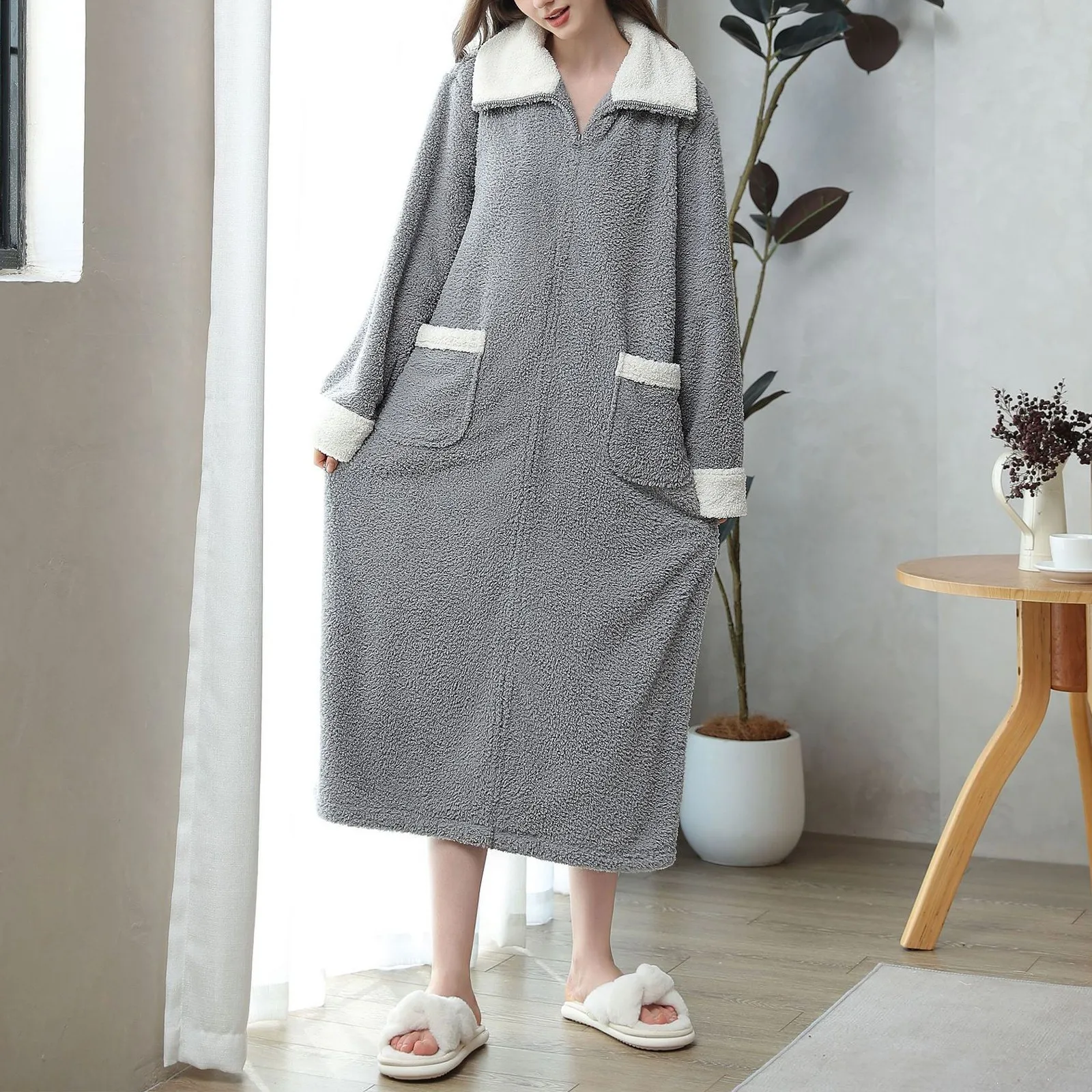 Womens Winter Warm Robe Full Zipper Bathrobes Ladies Housecoat Plush Fleece Warm Sleepwear Long Pajamas Nightgown Gifts