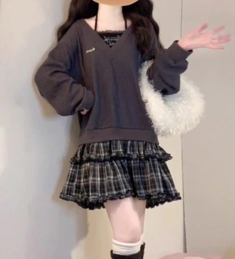 ربيع الخريف حجم كبير كلية محبوك الفرنسية منقوشة فستان قصير Y2k فتاة وهمية قطعتين طويلة الأكمام فساتين كعكة اليابانية #2