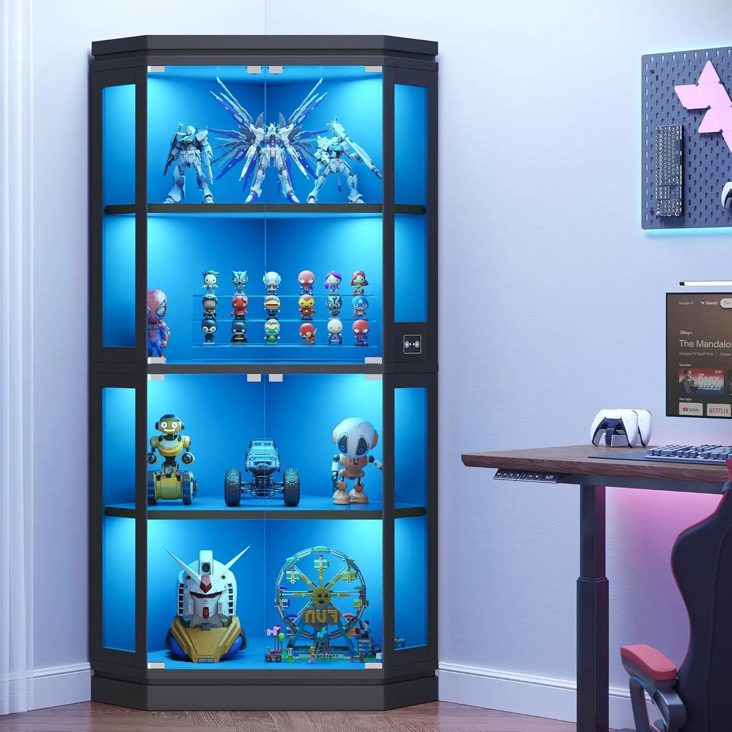 Corner Display Cabinet with Glass Doors, 4-Tier Display Cases for Collectibles with RGB Lights, 67'' Tall Corner, Customized