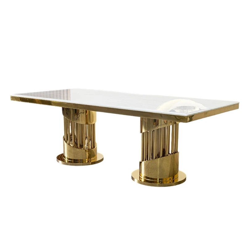 

Light luxury marble dining table household high-end rectangular stainless steel table dining room furniture