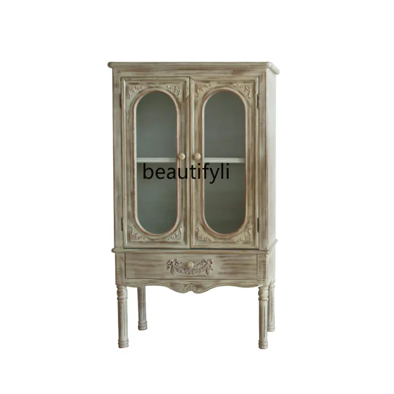 

yj European-Style Retro Bookcase American-Style Wooden Storage Double-Door Display Cabinet French Wine Cabinet