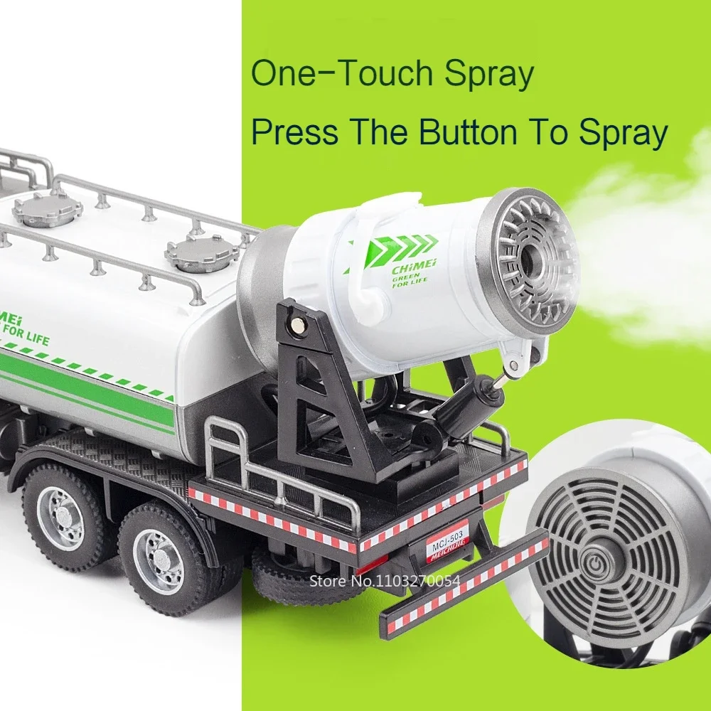 1/32 Spray Sprinkler Truck Model Toys Car Alloy Diecast Engineering Vehicle Doors Opened Sound Light Pull Back Toy Gift for Kids