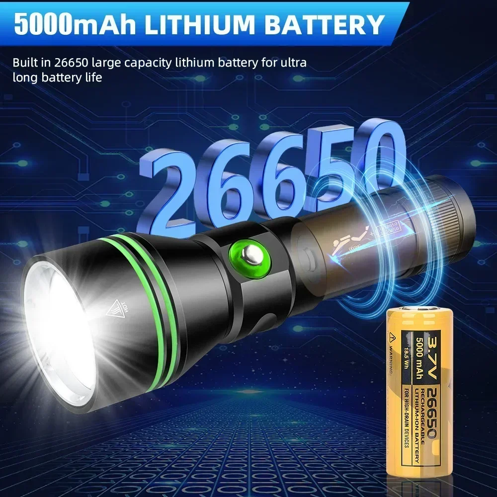 Super Bright Diving Flashlight with XHP70.2 LED Chip,IPX8 Waterproof Dive Light,100Meters Underwater Use,Portable Camping Light