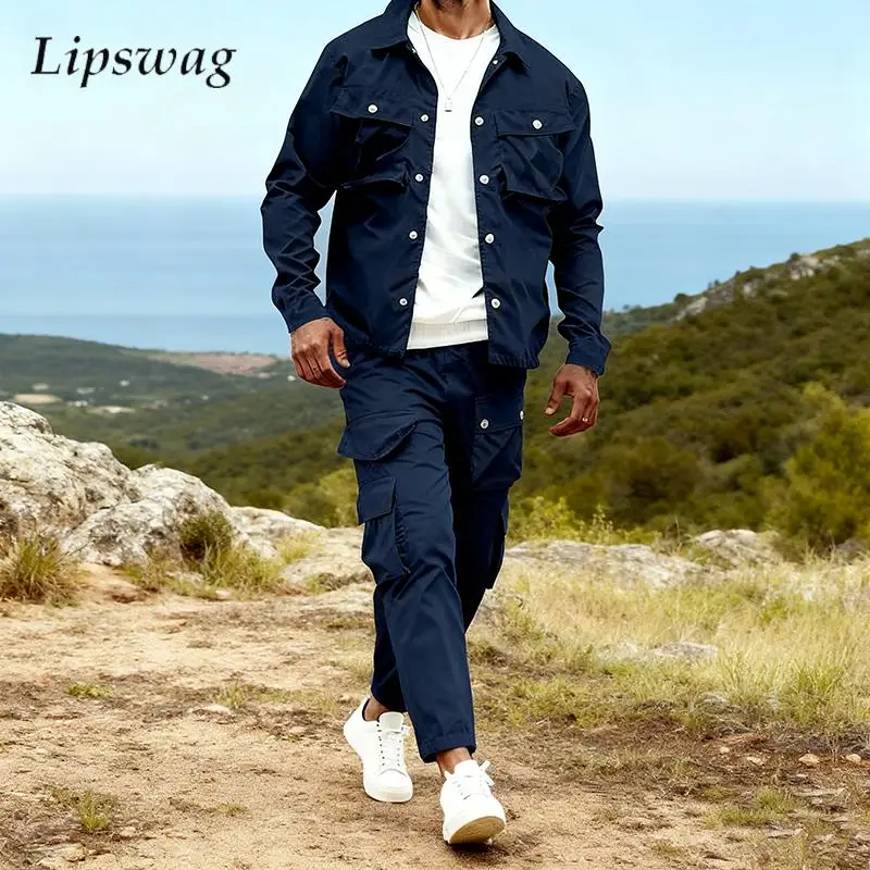 

Модная однотонная одежда, мужские весенне-осенние уличные повседневные куртки-карго с несколькими карманами и брюки, мужские комплекты из двух предметов, уличная одежда