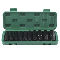 10Pcs 1/2in Deep Drive Impact Socket Set 6‑Point 8‑24mm Carbon Steel Auto Repairing Tool