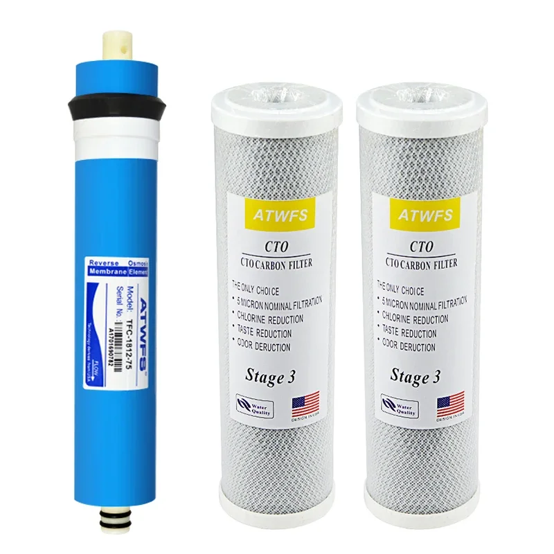 Water Filter Replacement Cartridge RO Set Reverse Osmosis Systems, 2x Carbon Filters, 1x 75GPD RO Membrane Filter