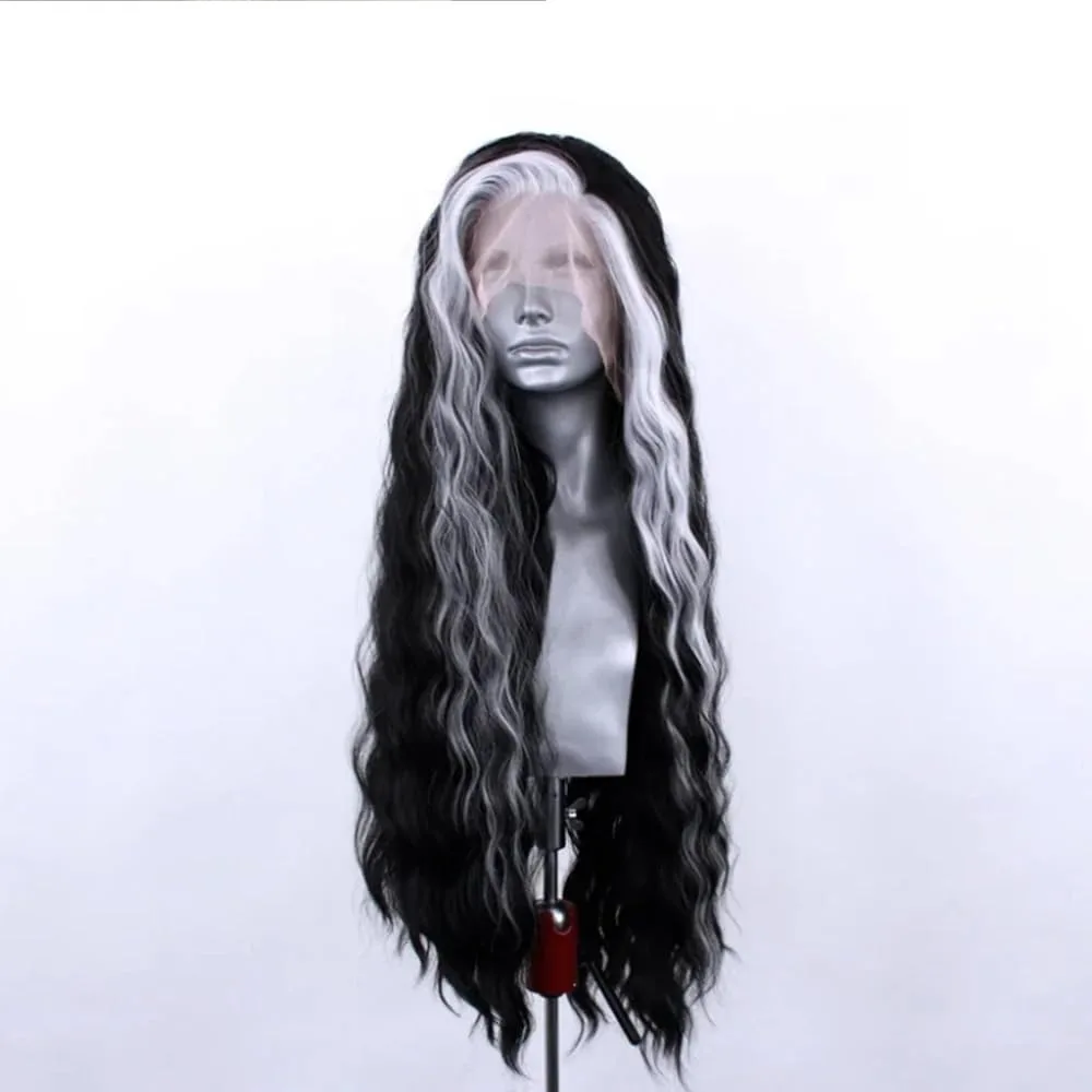 Black Mixed White Hair Loose Deep Frontal Wig Water Wave Lace Front Wig Heat Resistant Natural Hairline Fiber Hair Daily Wear