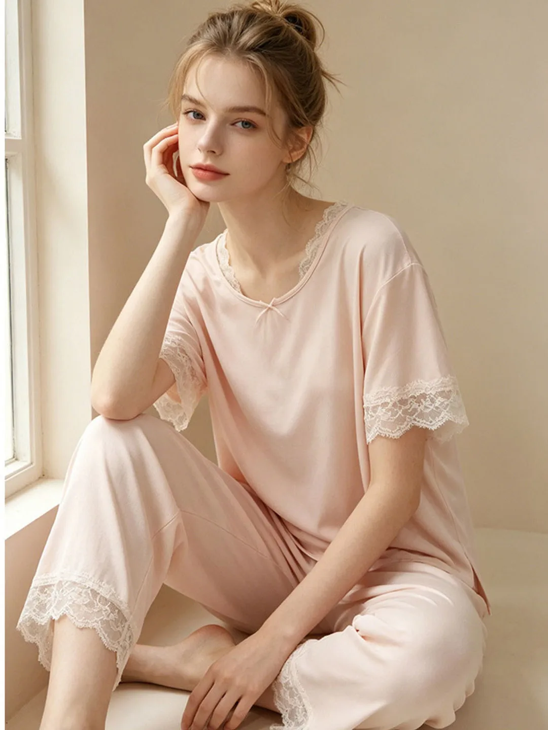 lanjevy-modal-sleepwear-women's-summer-cool-sensation-skin-friendly-short-sleeve-long-pants-home-clothes-set-can-be-worn-outs