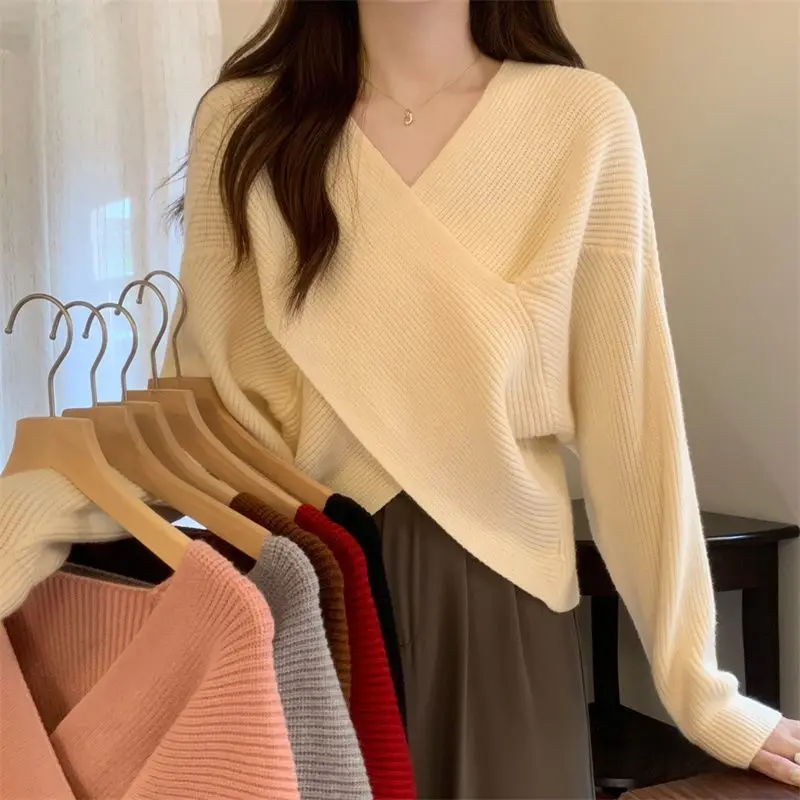

Trendy Lazy Style V-Neck Loose Fit Fashionable T-Shirt Retro Soft Knitted Sweater Women's Autumn Winter Oversize Casual Top