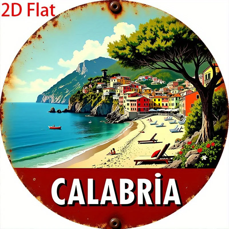 2D Flat, 1pc Vintage Italian Calabria Coastal Town Wall Art Sign - 8-Inch Round Retro Mediterranean Sea Map Decor