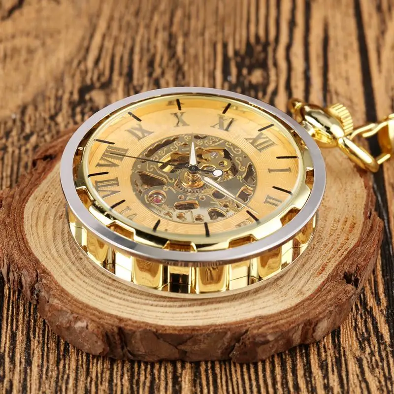 Vintage Golden Open Face Design Handwinding Mechanical Pocket Watch for Men Women with Pendant FOB Chain Luminous Hands Clock