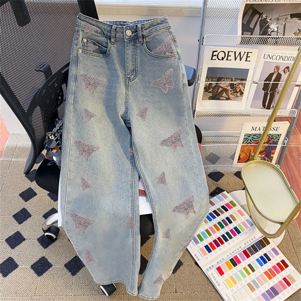 2026 Summer Butterfly Print Blue Jeans Men Women High-End Heavy Craft Loose Wide Leg Pants Trendy Versatile Denim Long Trousers
