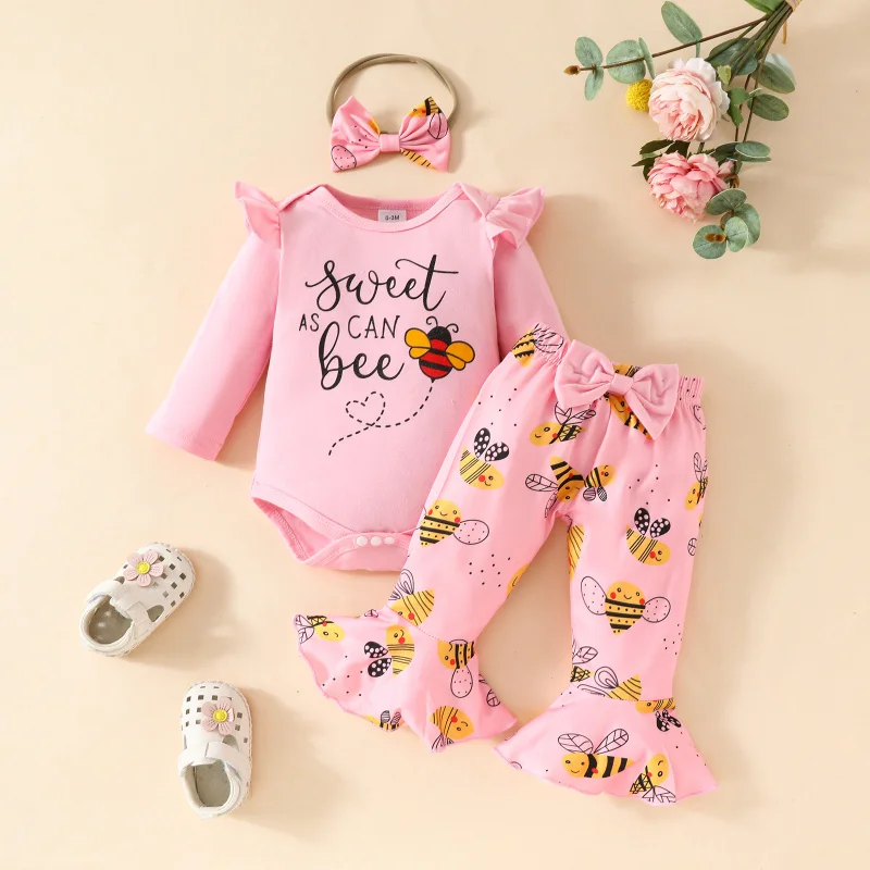 Baby Kids Girls Cute Bee Printed Long sleeve Triangle Romper Bow Flared Trousers Hairband 3Pcs Suit for Children's Clothing Sets