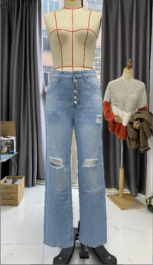 Women\'s casual trousers 2024 Spring/Summer Latest Button Fly Ripped Button Pocket Low Waist Straight Daily Versatile Denim Jeans