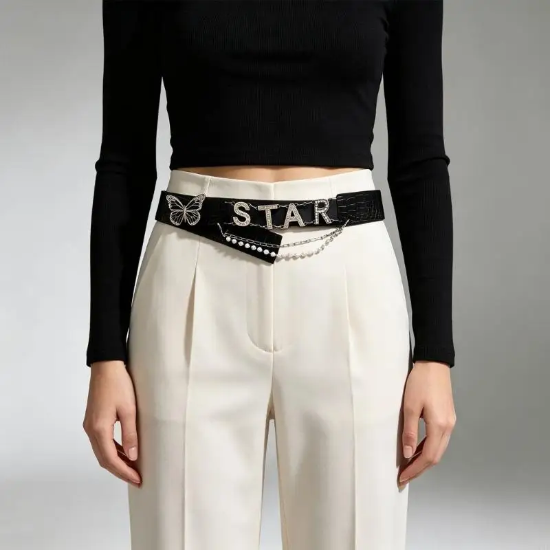 Wide Dress Belt With Butterfly Accent, Adjustable Waist Belt for Sweatshirts, Party Wear, and Photo Styling