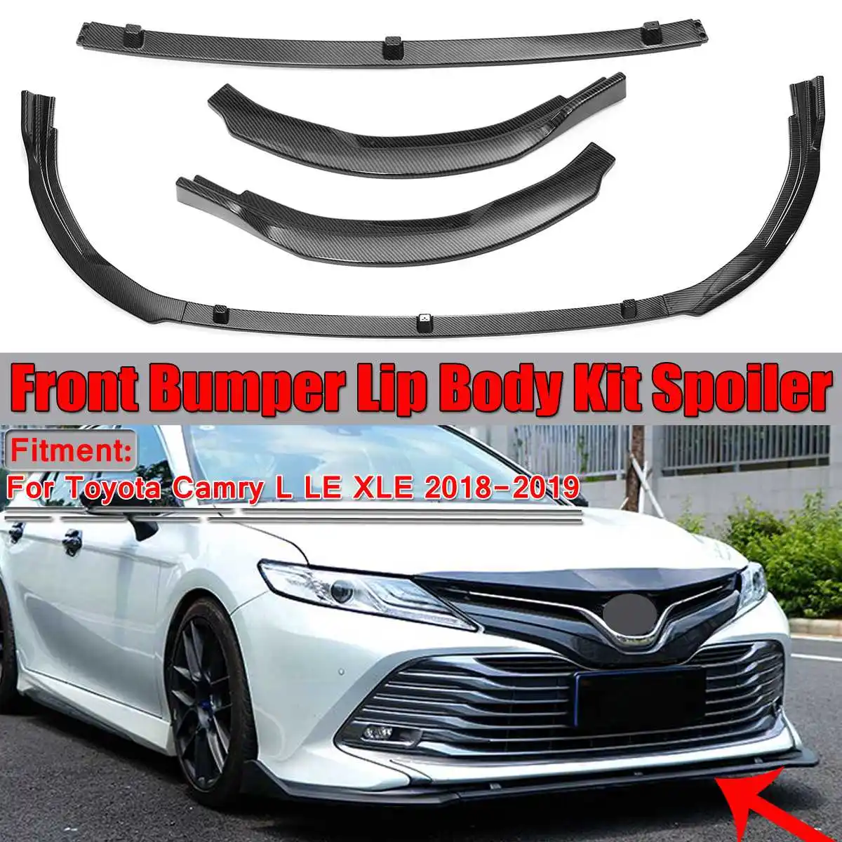 New 3Piece Car Front Bumper Lip Cover Trim Body Kit Spoiler Diffuser Splitter Guard For Toyota For Camry L LE XLE 2018 2019