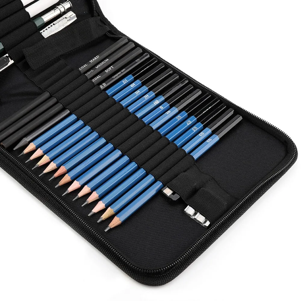 32Pcs 14B–5H Drawing Pencils Set 9.45*8.07*1.18in Roll-Up Nylon Case Sketching Pencils Kit With Carry Bag Black Pencils Set