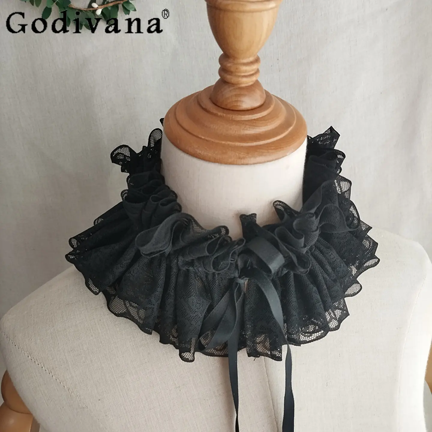 和風オリジナルプリーツ二重層ボウレースネックアクセサリーロリータダークロリータガールフリルスタンドカラー装飾