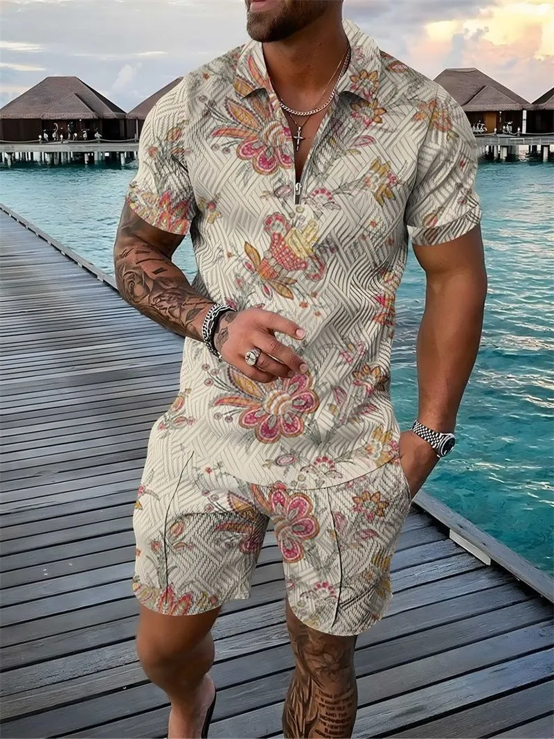 2024 New Men\'s summer Tracksuit 2 Piece Set Floral Print 3D Polo Shirt Short Sleeve T Shirt and Shorts Casual Man Clothing