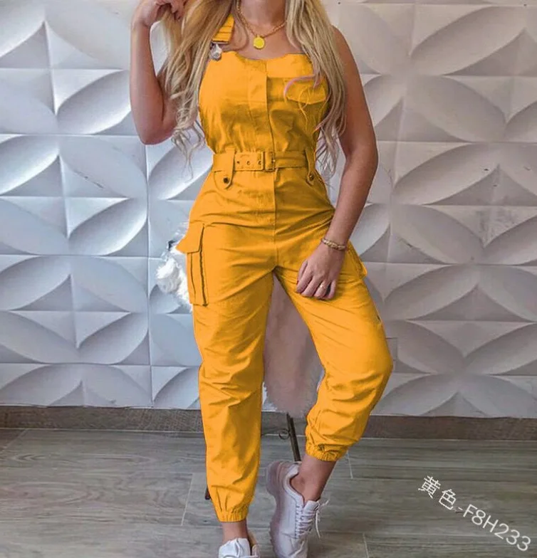 Autumn Women\'s Clothing Bodysuit Jumpsuit 2023 Simple Zipper Cargo High Waisted Conjoined Body Pants Sleeveless Strap Trousers