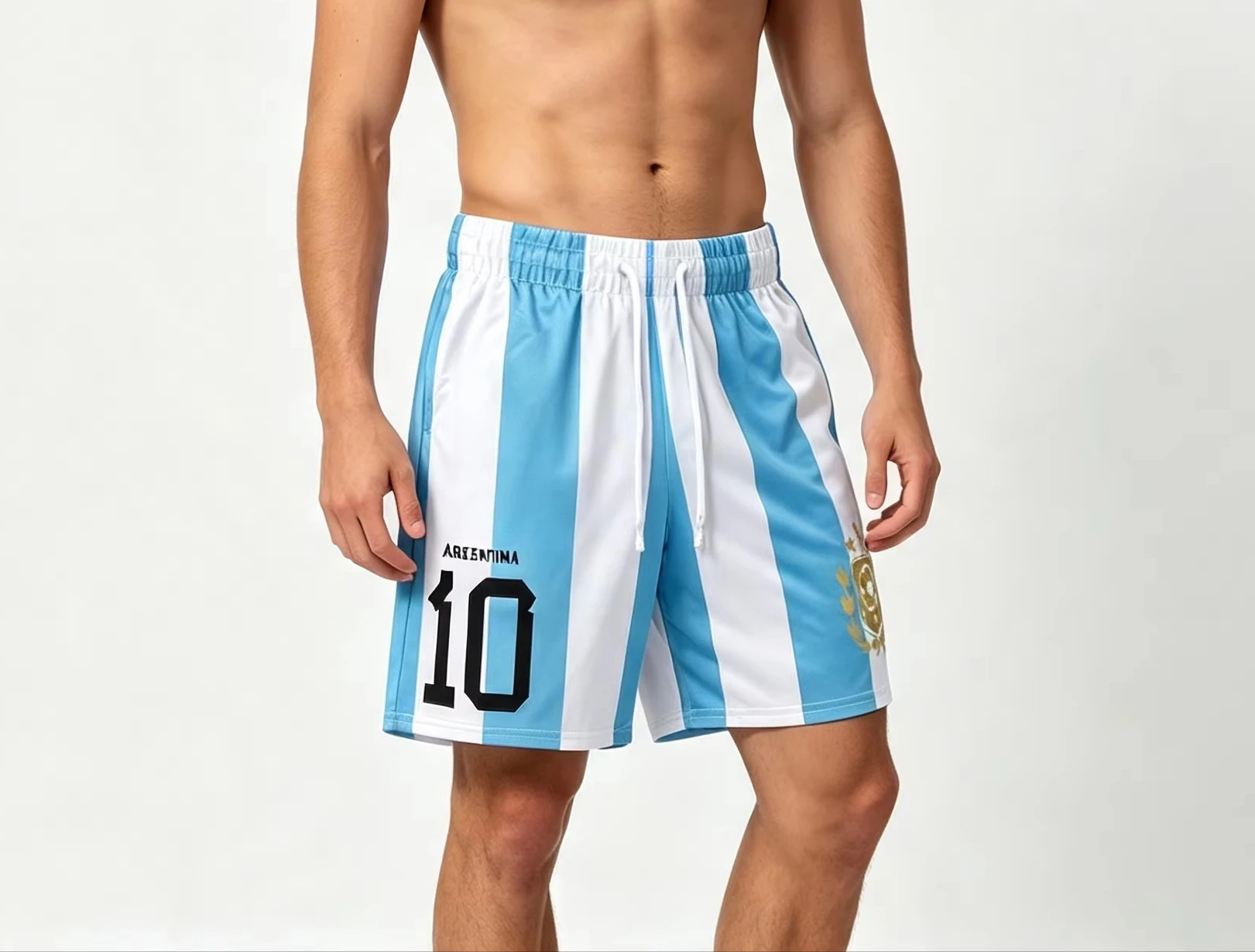 Argentina Style Team Fashion Men's Shorts #10 & Gold Crest Breathable Blue White Striped Sports Shorts Trend Vacation Shorts