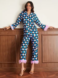 Women Pajamas Pant Set Furry Patchwork Striped Plaid Long Sleeve Tops with Pockets + Pants Sleepwear Female Casual Loungewear