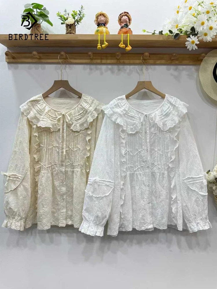 

New 2025 Autumn Cotton Long Sleeve Shirt, Women Peter Pan Collar Embroidery, Mori Girl French Retro Bow Loose Blouse T59548CC