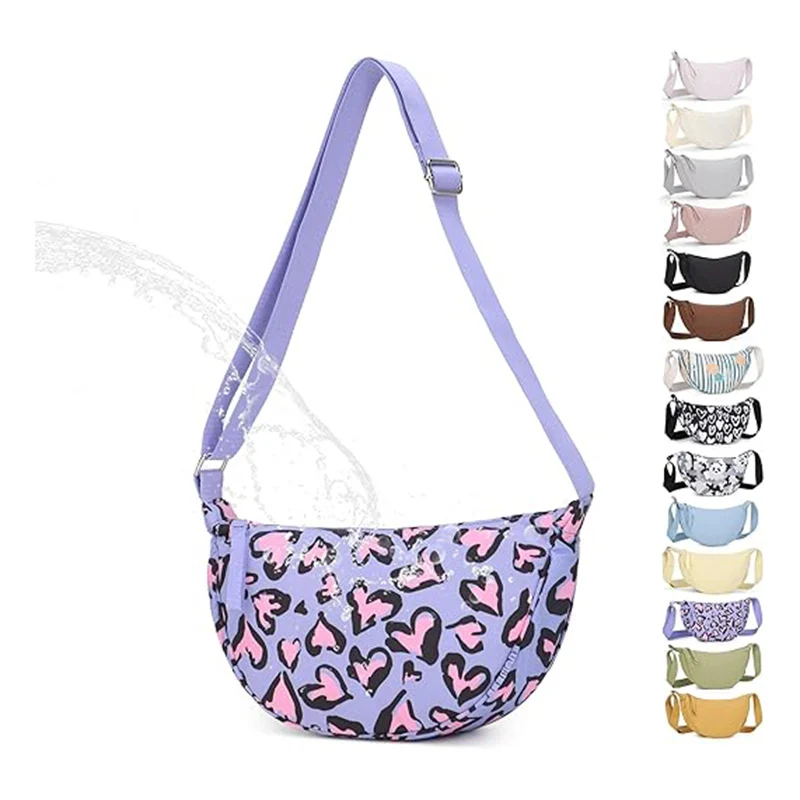 

TLBXZ001 Small Nylon Crossbody Bag for Women Men Trendy, Waterproof Crescent Bag with Metal and Print,Travel Sling Purses