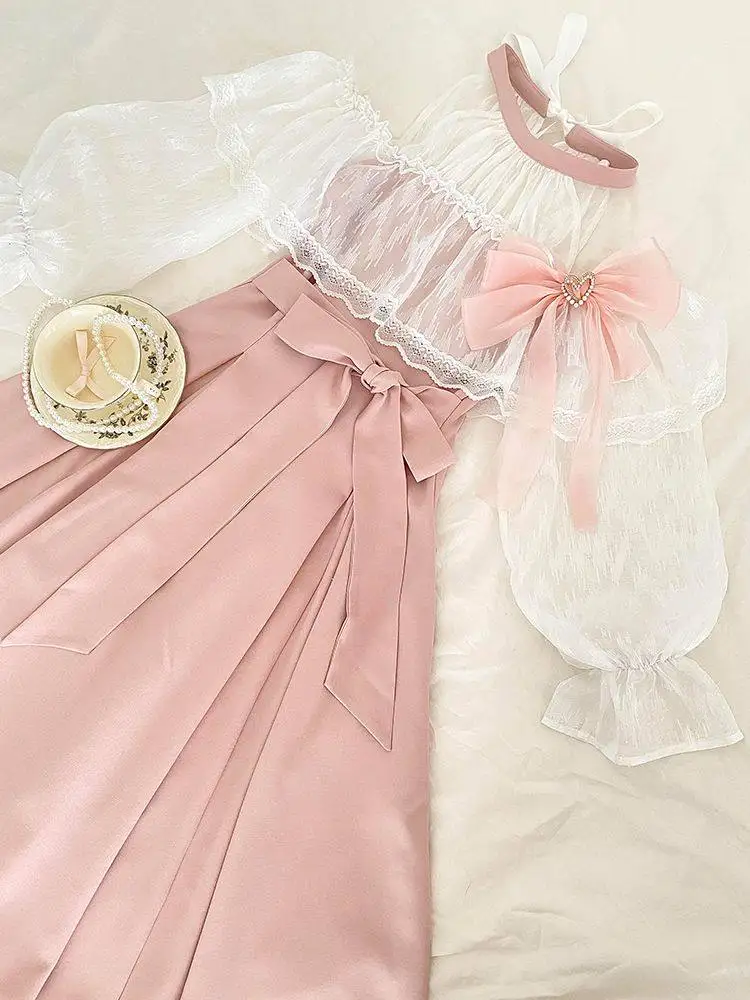 Vestido Maxi Clásico Japonés Lolita con Hombros Descubiertos, Encaje Rosa, Lazo de Satén, Estilo Princesa, Elegante, para Fiesta, Boda o Té
