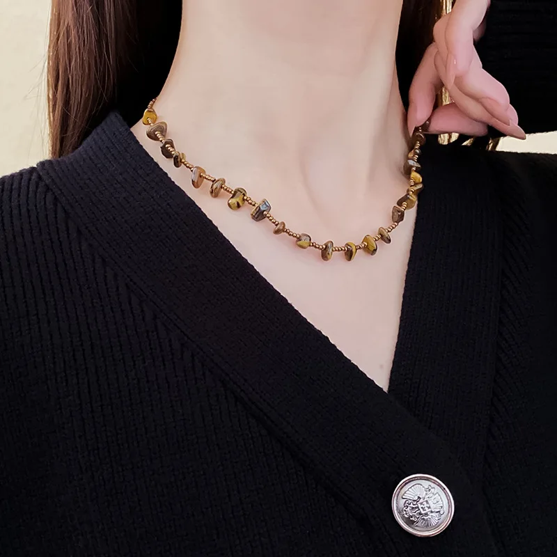 Bohemian Tiger Eye Bead Choker Necklace with Crystal Accents