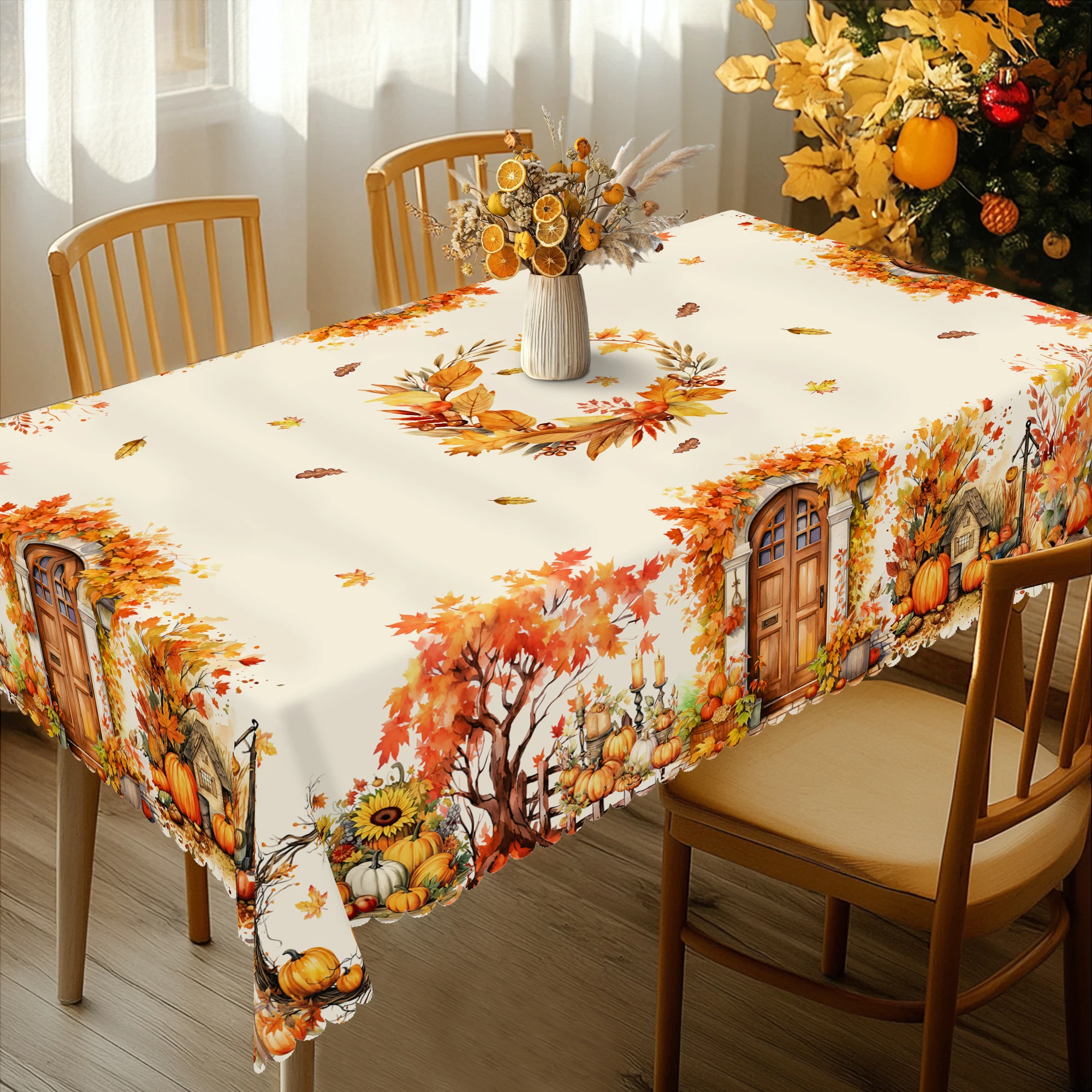 1 Piece of Autumn Thanksgiving-Themed Printed Tablecloth, Farmhouse Style, Maple Leaves, Pumpkin Pattern Design, Suitable for Autumn Harvest Holiday Gatherings, Camping Picnics, Garden Birthday Party Decorations, Kitchen Accessories, Tablecloth for Indoor and Outdoor Decoration of Restaurant Terraces, Perfect Gift for Friends, Round and Rectangular Tablecloths, Various Sizes Available
