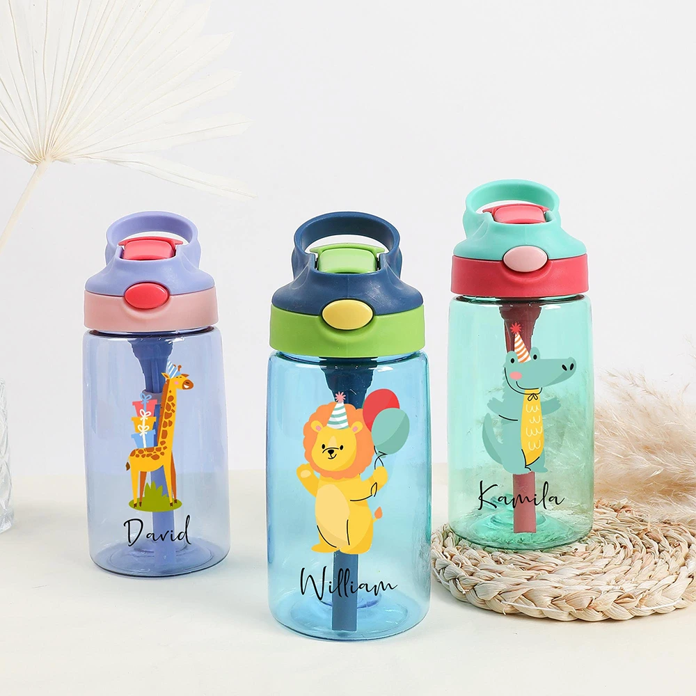 Customizable cartoon pattern children's water cup with straw plastic cup, suitable for travel and school，Christmas gift