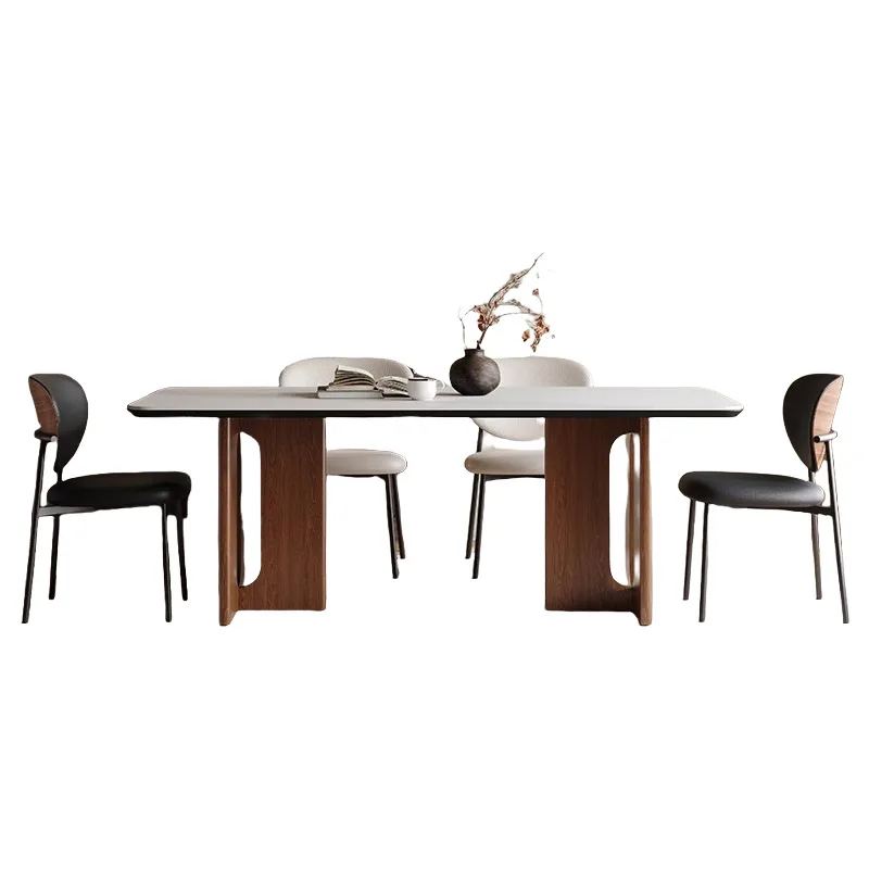 

French solid wood rock slab dining table and chairs, walnut rectangular table