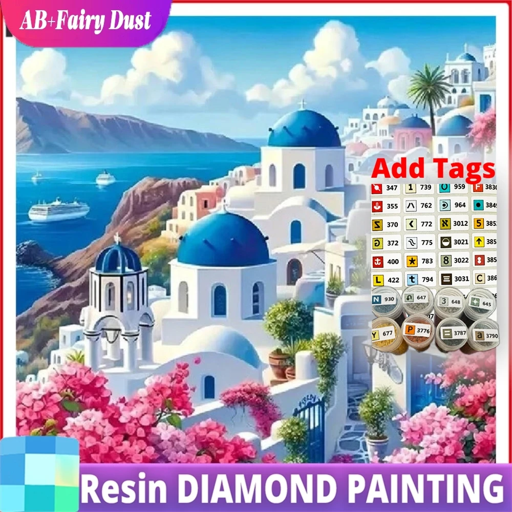 Resin AB Fairy Dust Diy Diamond Painting Vibrant Santorini-style Flower Scene Frameless Crystal Art For Living Room & Bedroo