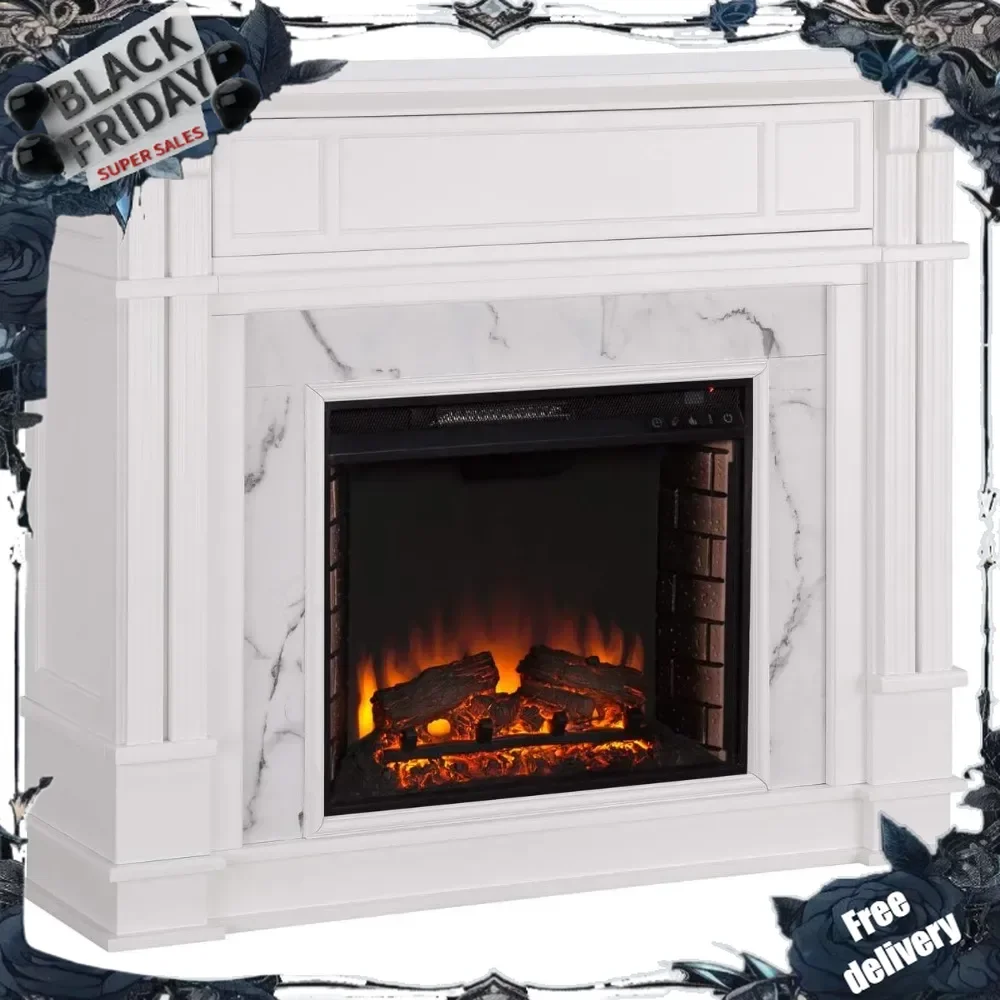 Faux Cararra Marble Electric Media fireplace, White.