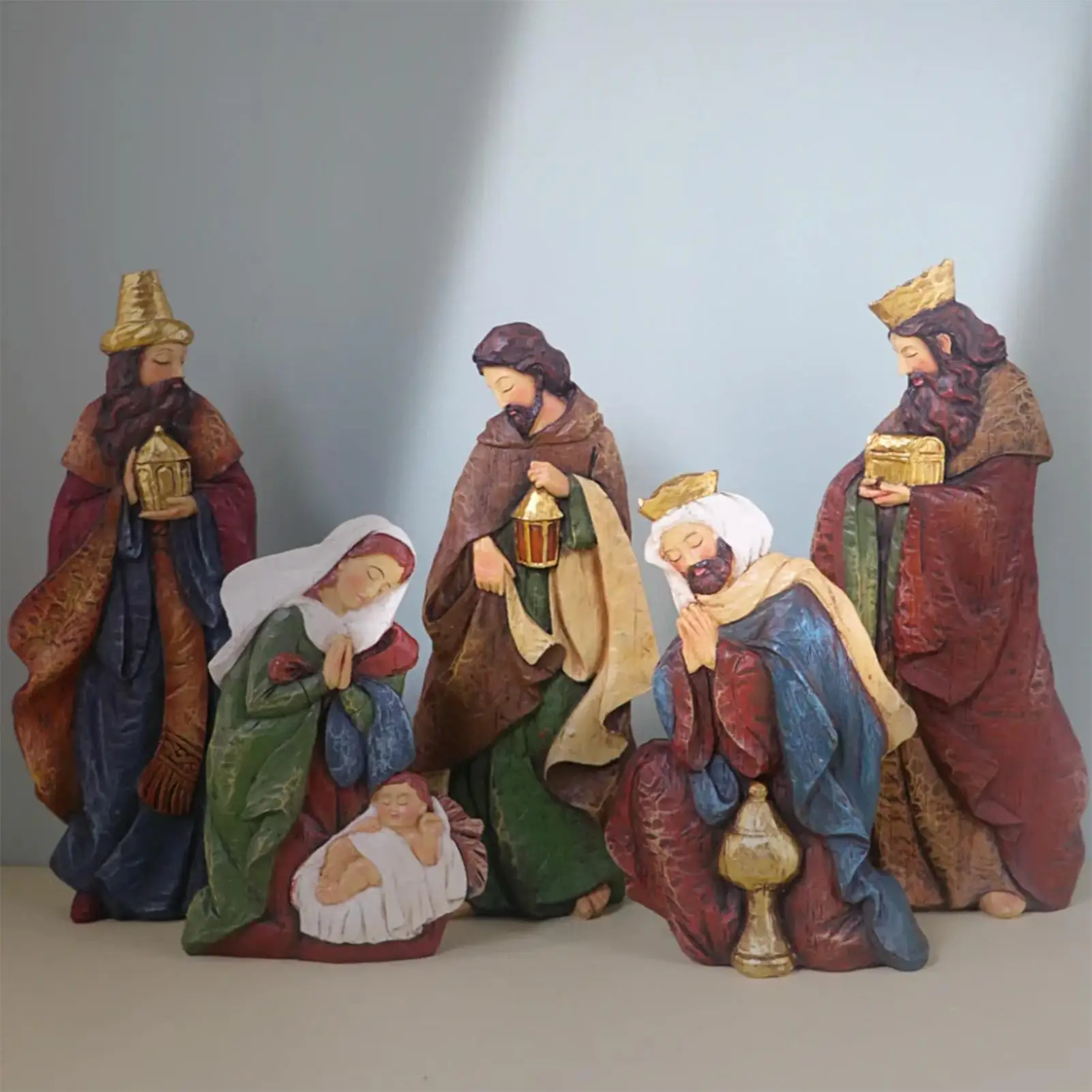 5Pcs Christmas Nativity Scene Figurine Set Decoration Handmade Holiday Season Decor Birth of Jesus Ornament Xmas Sculpture