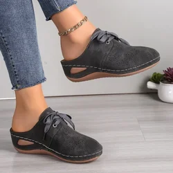 New Toe Slippers for Summer Women's Mid-heel Wedge Sandals with Lace-up Cut-out Breathable Plus-size Shoes