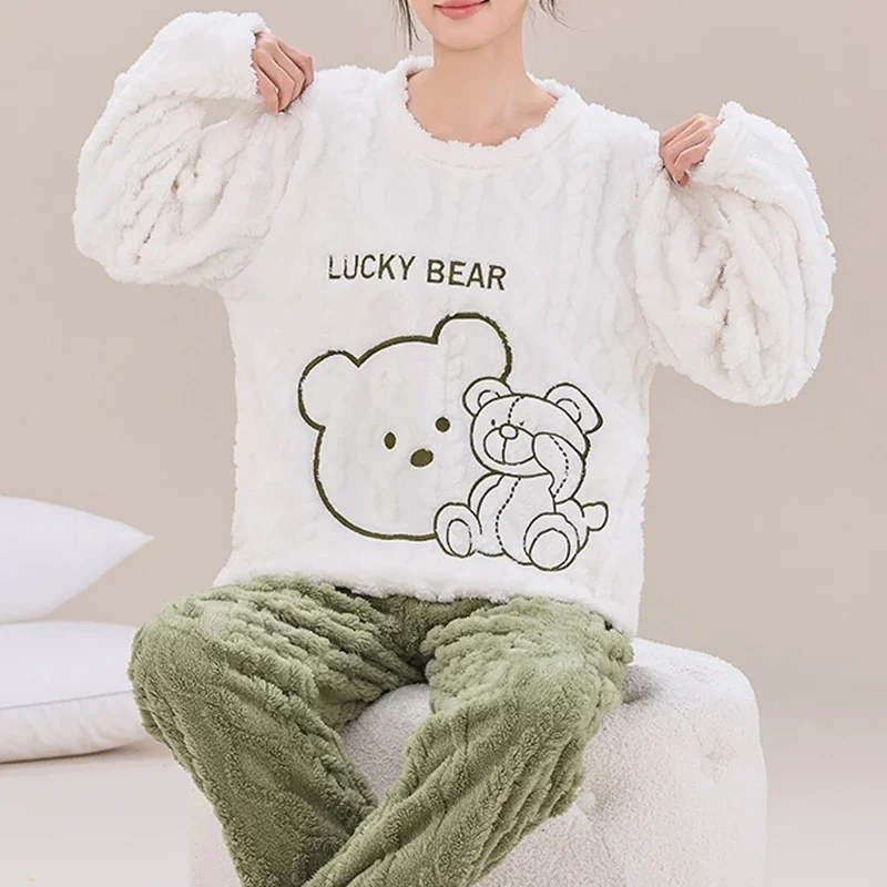 Winter Women Flannel Pajamas Polar Bear Print Teddy Sleepwear Velvet Loungewear Thick Warm Pijamas for Girls Mujer Pyjama