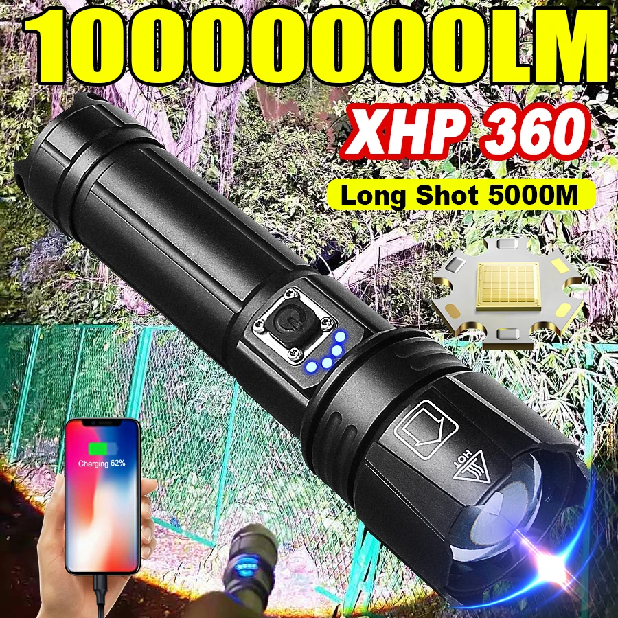 10000000LM Powerful LED Flashlight Bright USB Rechargeable Torch Lights 18650 Battery Power Bank Fishing Camping Zoom Lanterns