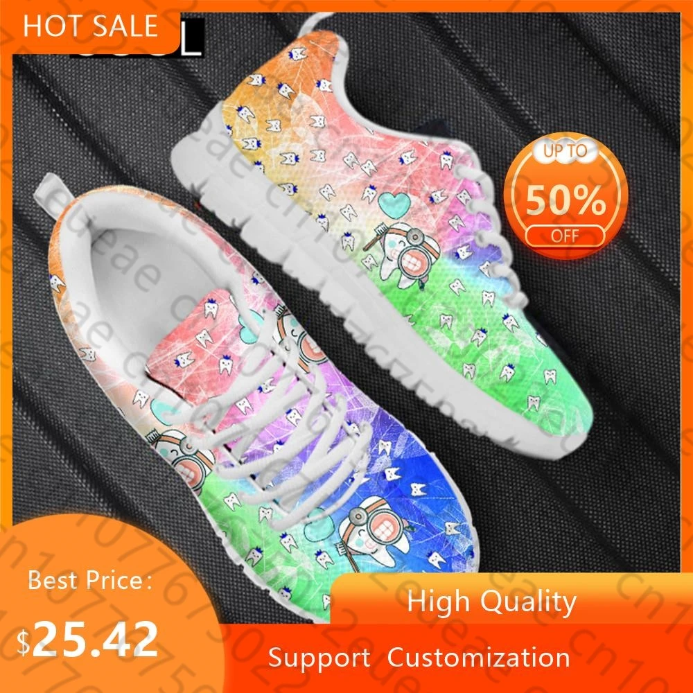 HYCOOL Fashion Women Flats Sport Shoes Cartton Cute Teeth Doctor Printing Female Comfortable Gym Running Zapatillas Mujer