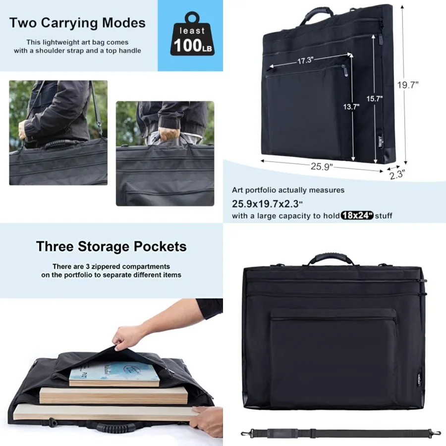 حقيبة حمل JJRING مقاس 18 × 24 - حقيبة تخزين كبيرة مع مقبض وحزام كتف قابل للتعديل للفنانين مثالية لـ